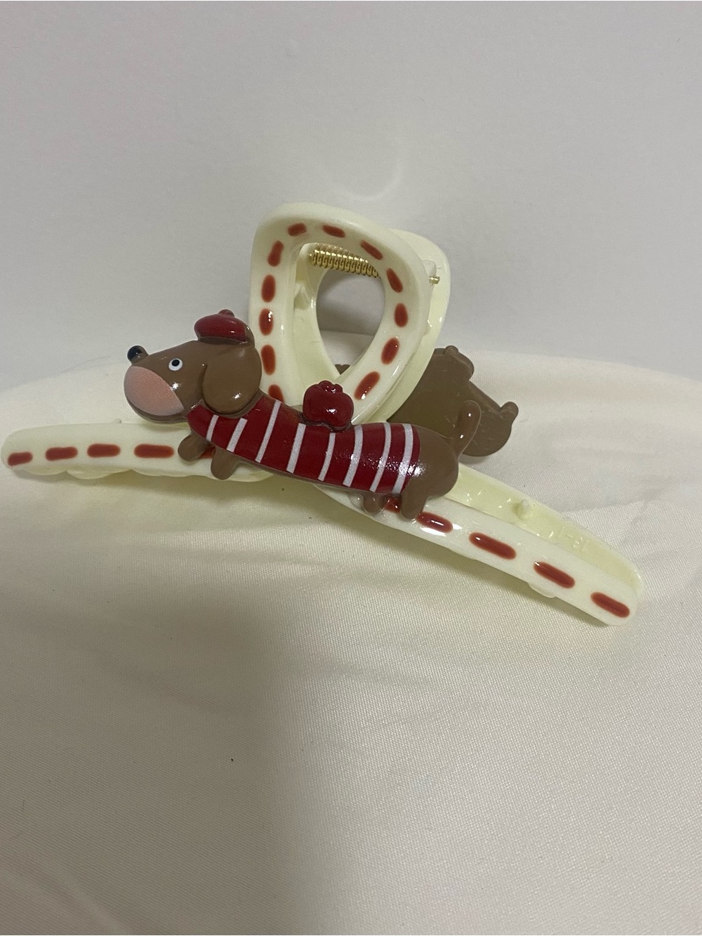 Cream Dachshund Hair Clip with Red Accents